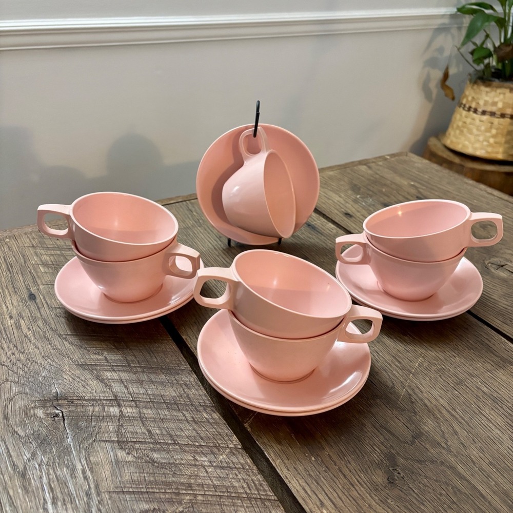 Vtg Mallo-Ware Melamine Melmac by Mallory Dishes PINK Atomic Cup & Saucers MCM